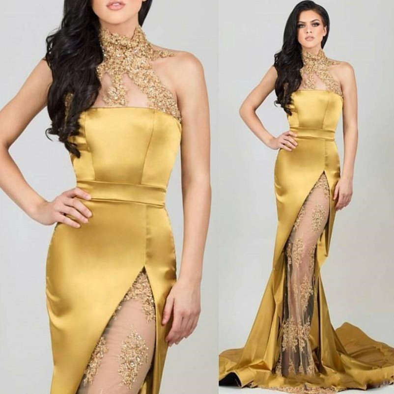 Sexy Mermaid High Neck Gold Evening Dresses 2020 Beaded Appliques See Through High Slit Formal Party Gowns Prom Dress