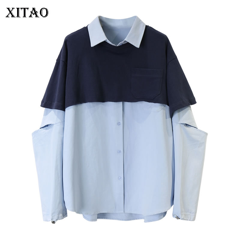 

XITAO Retro Lazy Wind Patchwork Blouse Women Clothes 2020 Spring Personalty Hollow Out 2 Piece Set Women Match All Shirt XJ3954, Blue xj3954