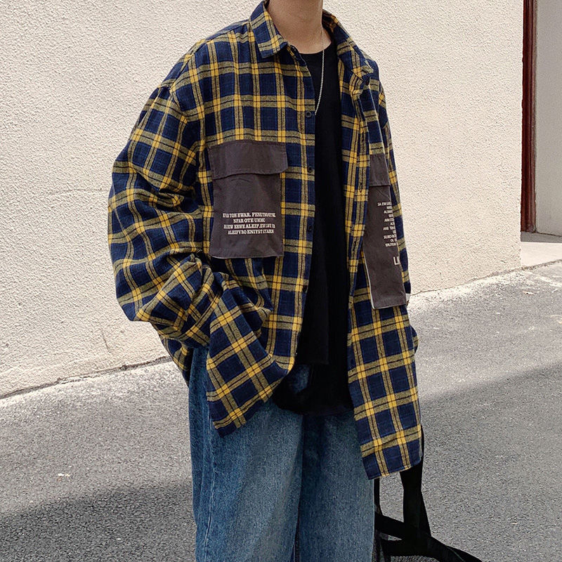 

2020 Spring And Autumn New Youth Loose Big Pocket Letter Printing Long Sleeve Shirt Fashion Casual Top Jacket Gray / Yellow
