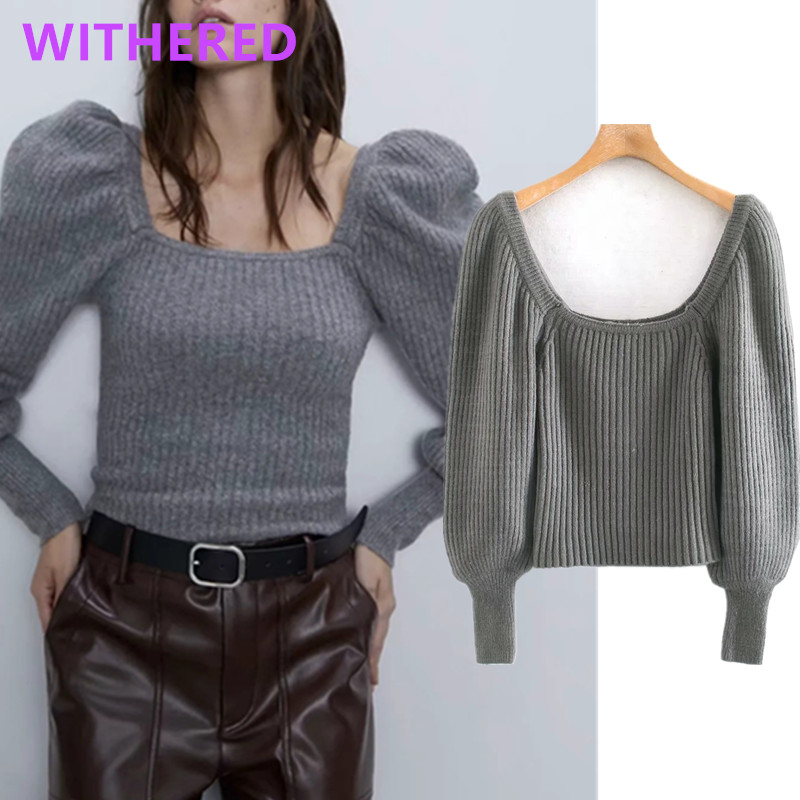 

Withered england style vintage puff sleeve square collar sexy knitted sweaters women pull femme sweaters women pullovers tops, Gray