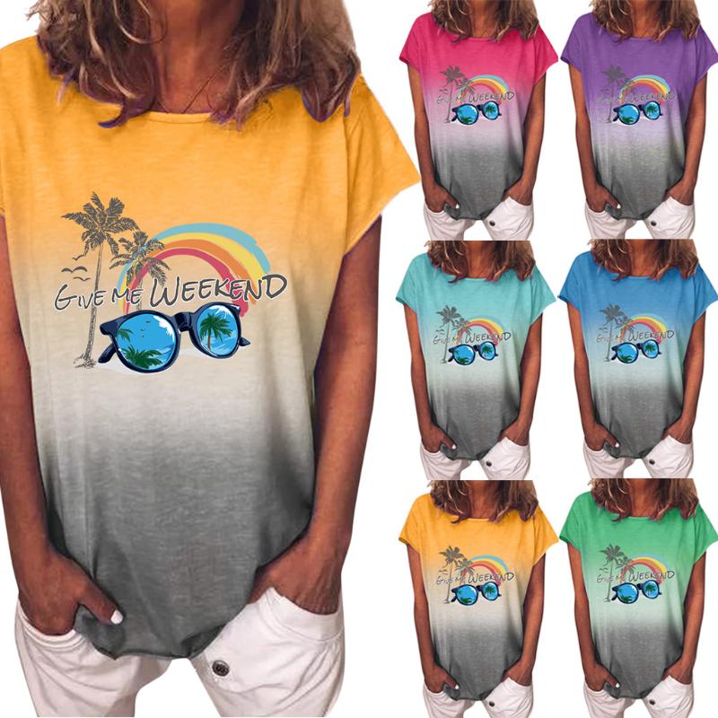 

Fashion Women Blouses And Top Gradient Rainbow Give Me Weekend Print O-neck Short Sleeves Blouse 5xl Plus Size For Women @45, Purple