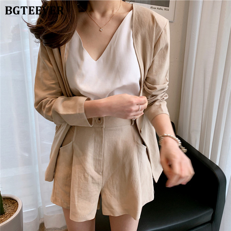 

BGTEEVER Summer Female 2 Pieces Set Casual Long Sleeve Blazer & Elastic Waist Shorts 2020 Cotton and Linen Women Shorts Suit, Black