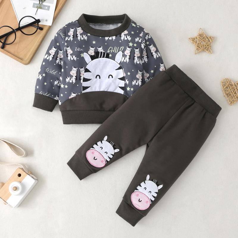 

Casual Clothing Set Cartoon Zebra Printing Round Collar Long Sleeve Toddler Splicing Pullover Sweatshirt Top Pants, Gray
