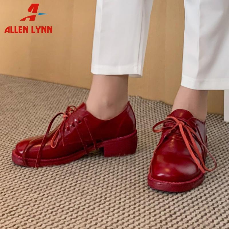 

ALLEN Office Lady Fashion Shoes Woman Lace Up Genuine Leather Med Heel Sewing Casual Pumps Women Spring Pumps, Black