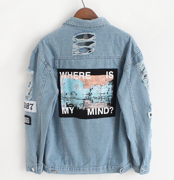 

2020 Blue Autumn Women Frayed Denim Bomber Jacket Appliques Print Where Is My Mind Lady Vintage Elegant Outerwear Fashion Coat Vangull, Same as picture
