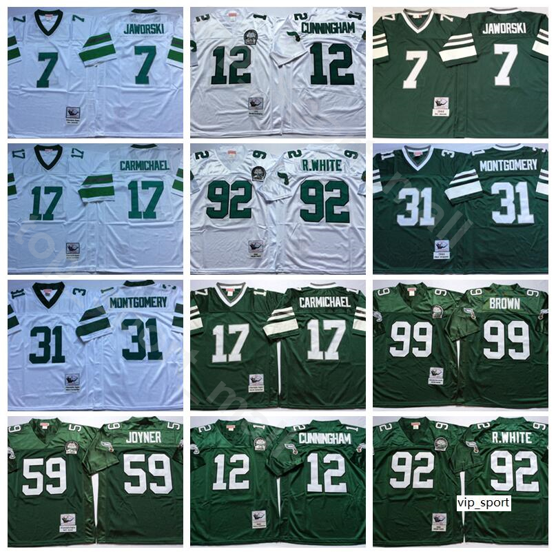 

Men Vintage Football 92 Reggie White Jerseys 12 Randall Cunningham 99 Jerome Brown 31 Wilbert Montgomery 17 Harold Carmichael 7 Ron Jaworski 59 Seth Joyner ncaa Green, 7 white