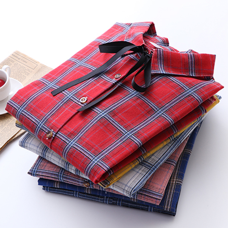 

New arrival 2019 Spring Women Fashion Casual Plus Size Bow Blouse Plaid Shirt Flannel Shirts Female Long Sleeve blusa Tops, Blue