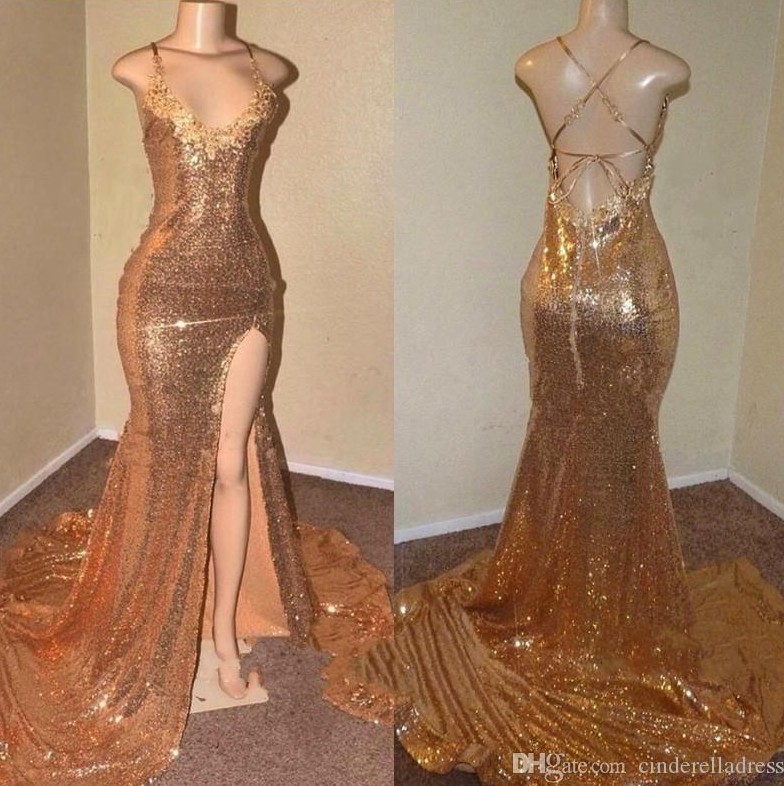 

African Gold Sequins Mermaid Prom Dresses 2020 Sexy Criss Cross Backless Spaghetti Straps Front Split Long Evening Reflective Dress BC0906, Pink