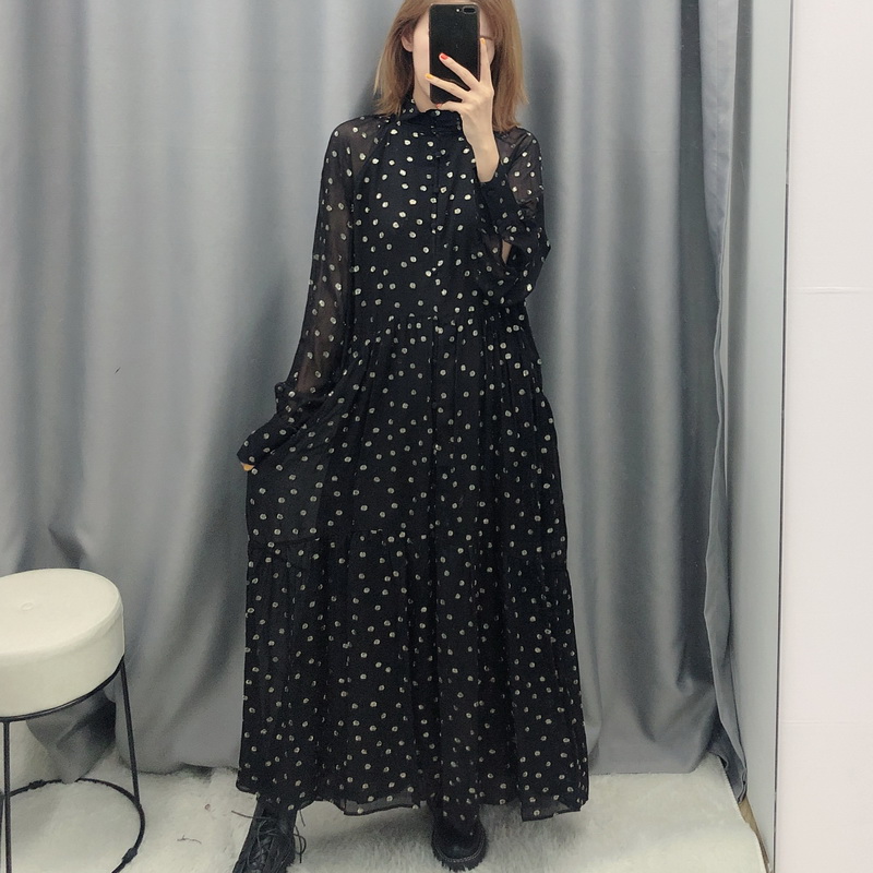 

Long Dress Women Spring 2020 New Fashion Metallic Polka Dot Prints Modern Lady Black Chiffon Dresses, As photo