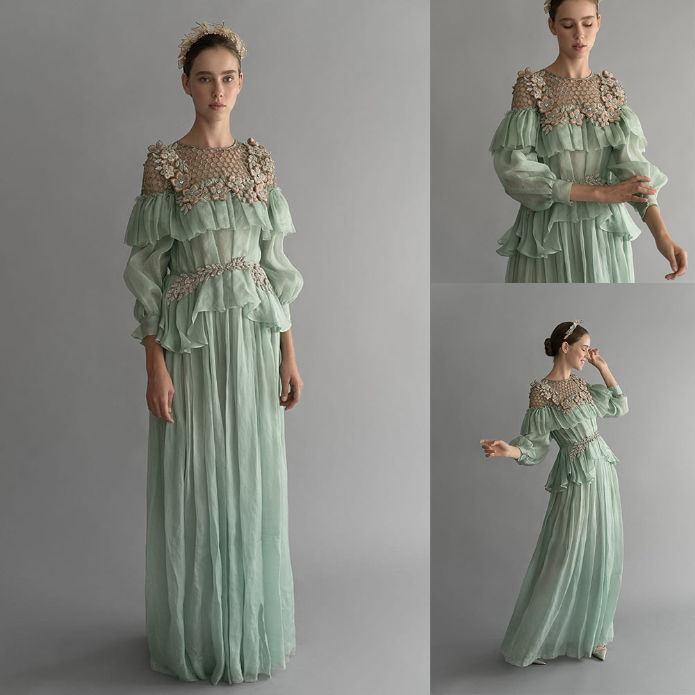 

Newest A Line Chana Mareius Prom Dresse Jewel Neck Long Sleeve Chiffon Crystal Hand Made Flower Party Dress Floor Length robes de soirée, Light sky blue