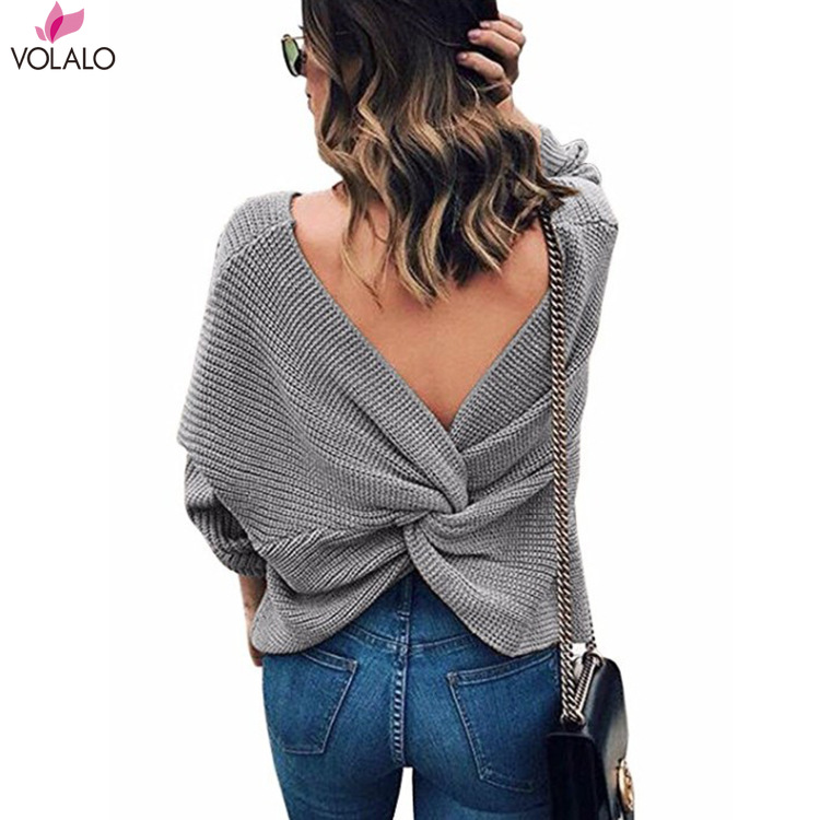 

2020 Autumn Spring Women Open Back Long Sleeve Tops V-Neck Lovely Pullovers Knitted Loose Sweaters Tops Lady Girls Sweaters