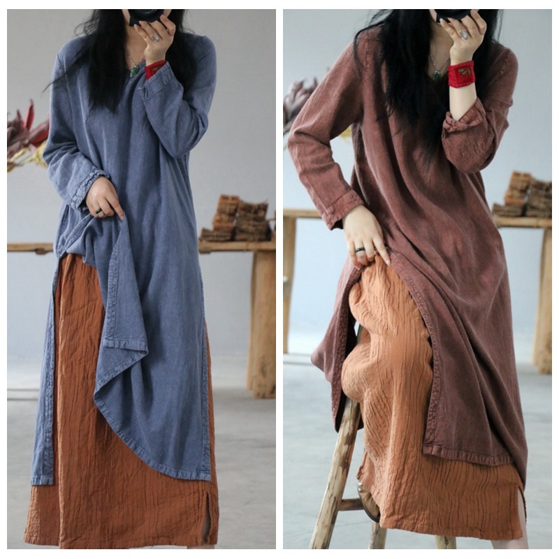 

Cotton Linen Dress Women V neck Vintage Long Sleeve 2019 Autumn Winter Solid Color Loose Casual Women Robe YoYiKamomo, Beige