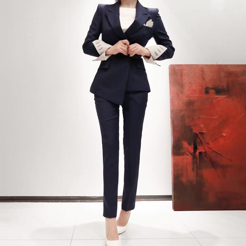 

2018 new Fashion Striped Slim Women Suits Office Lady Blazer Jacket & Pencil Pant Work Business Suits 2018 Pant Outfits, Dark blue
