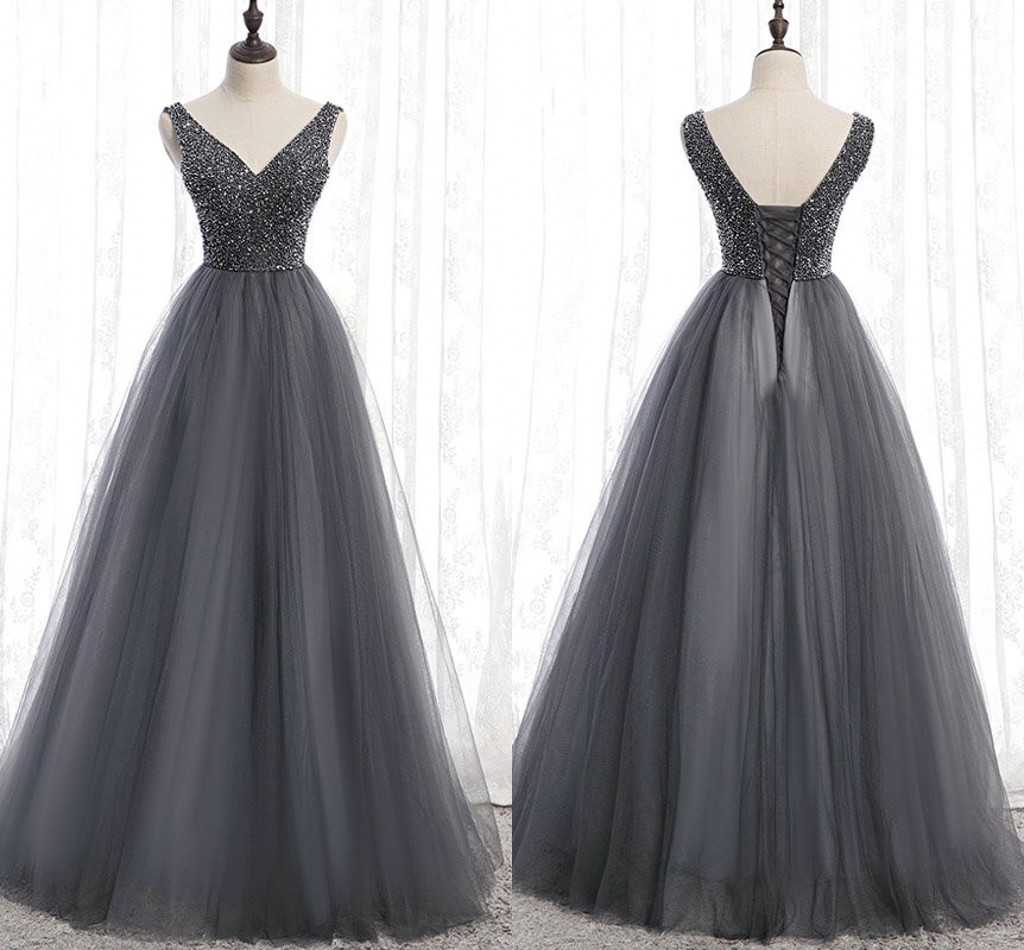 

2020 Silver Double V-neck Evening Dresses Plus Size Beaded Corset Back A-line Prom Dress Girls Long Party Formal Gowns Vestidos De Festia, Blue