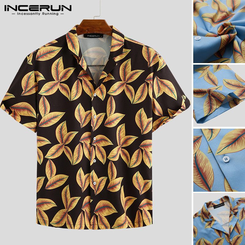 

INCERUN Casual Short Sleeve Lapel Shirt Men Hawaiian Beach Printed Shirts Fashion Loose Floral Vacation Tops Button Up Blouse, Black