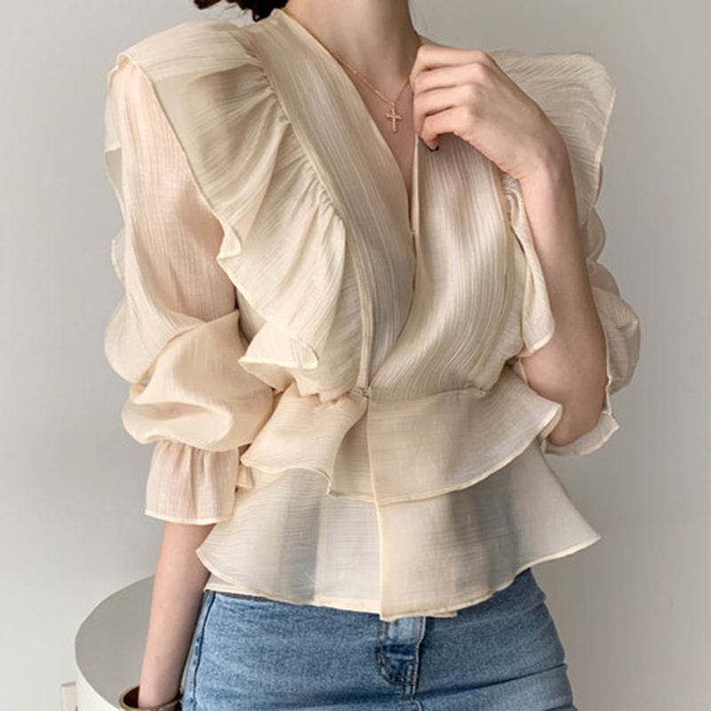 

Woman Chiffon Lining 2020 Spring Summer French Elegant Design V-neck Ruffled Lace-up Blouse Popular Ladies European American, Beige