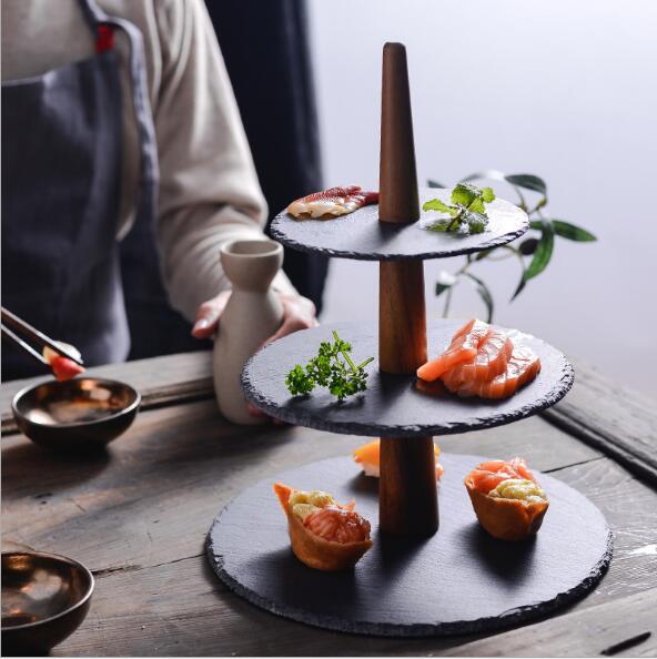 Rock three-layer plates manufacturers direct hefeng sushi dessert tray dinner dishes multilayer cake hotel plate-image-516795692