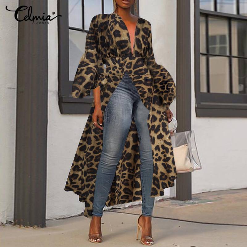 

Celmia Women Long Maxi Dress Sexy V-neck High Split Plus Size Shirt Sundress Puff Sleeve Leopard Print Vestidos Party Robe Tops, Gray