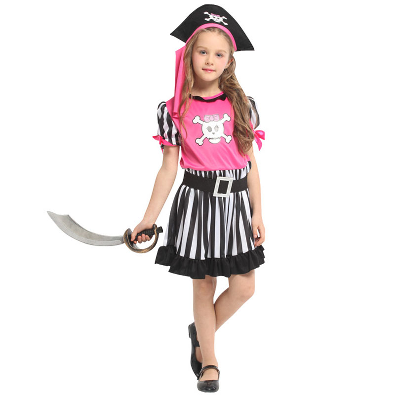 Carribean Pirate Child Costume Girls Pink Black Sea Boat Theme Party Halloween