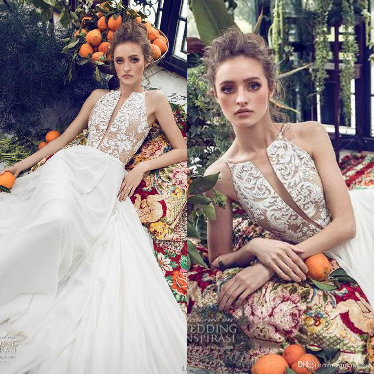 

Limor Rosen 2019 Wedding Dresses Jewel Neck Illusion Bodice Appliques Beach Wedding Dress Custom Made Designer Chiffon Bridal Gowns, White
