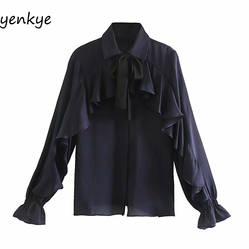

Vintage Solid Color Ruffle Blouse Shirt Women Elegant Bow Tie Turn-down Collar Long Sleeve Streetwear Ladies Shirts OZZ9443, As pic