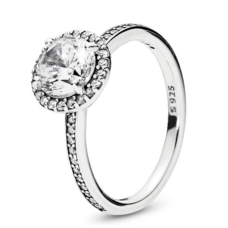 Sterling Silver 925 Round Sparkle Halo Ring For Women With LOGO Zircon Fits Pandora Style Real Original Authentic Jewelry-image-488333096