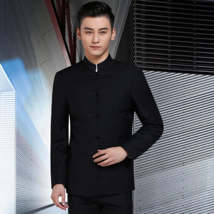 

Autumn winter men Chinese tunic suit set pants mens casual suits Disk buckle stand collar slim formal dress men' groom suit, Black