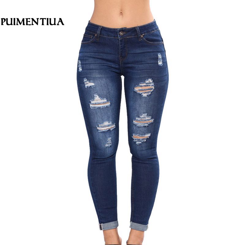 

Puimentiua New Women Slim High Waist Casual Denim Jeans Plus Size Stretch Jeans Female Riped Zipper Skinny Pencil Pants, Light blue
