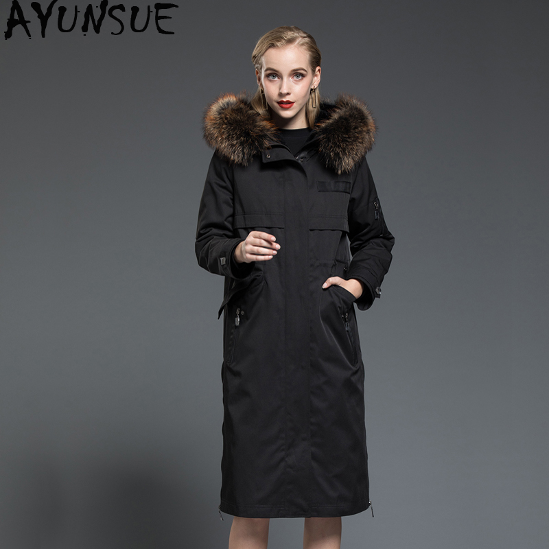 

AYUNSUE Real Fur Parka 2019 Winter Jacket Women Natural Fur Liner Long Coat Female Raccoon Collar Warm Parkas MY3589, Green