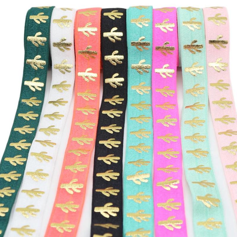 

5/8" Gold foil Cactus FOE fold over elastic for DIY accessories welcome custom printed, 030