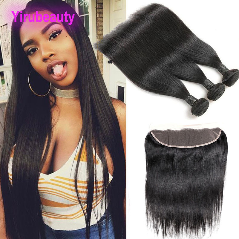 

Indian Virgin Human Hair 13X4 Lace Frontal With 3 Bundles 10-28inch Straight Hair Pre Plucked Frontals Closure Plus Bundle, Natural color