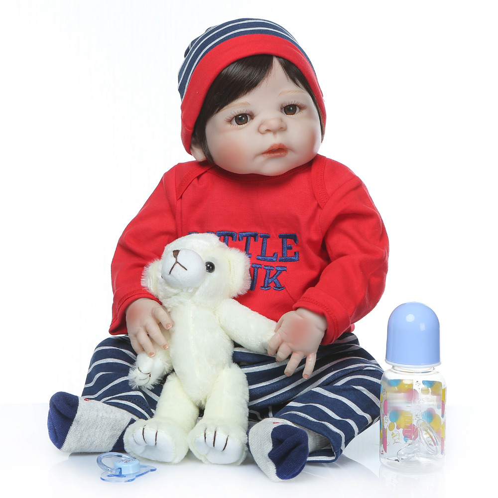 Wholesale 22inch 55cm Bebe Reborn Doll Hard Silicone Boy Girl Toy Reborn Baby Doll Gift For Child Red Clothes White Bear Baby Doll Vinyl Dolls