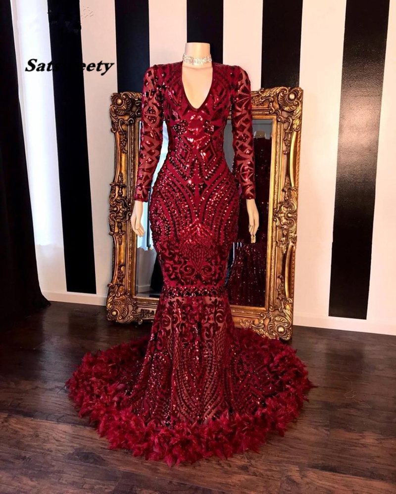 

Dark Red Lace Feather Mermaid Prom Dresses Black Girls V Neck Long Sleeves Sweep Train Formal Evening Party Gowns Real Image