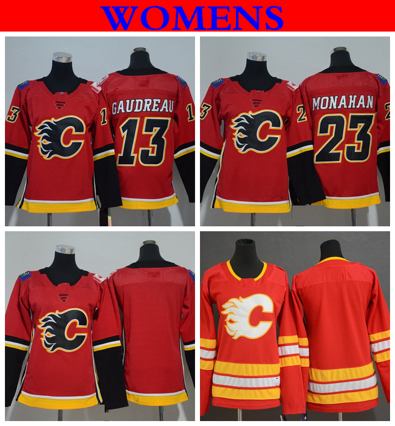 

2018 Womens Calgary Flames Hockey Jerseys Home Red Ladies 13 Johnny Gaudreau 23 Sean Monahan Stitched Jerseys S, Third red blank
