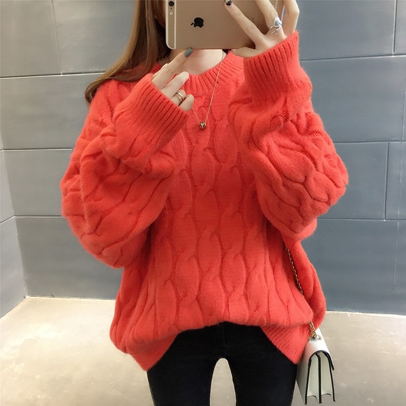 

Oversized New Arrival Thick Winter Knitted Women Sweater Loose Casual Solid Color Pink Pullover Plus Size Max Weight 75kg, Orange