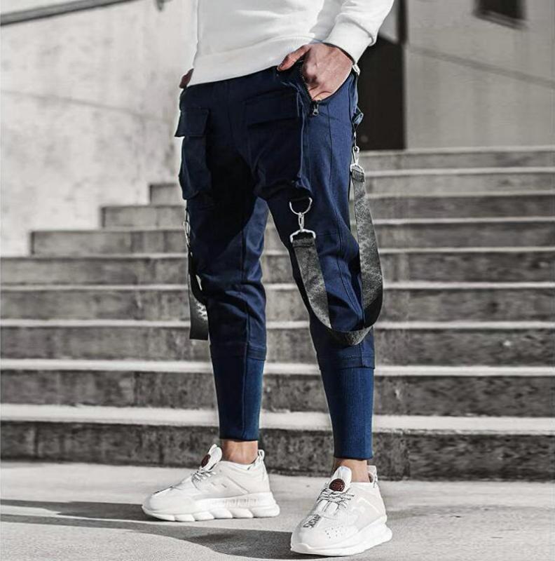 

Men Ribbons Streetwear Cargo Pants 2020 Summer Autumn Hip Hop Joggers Pants Overalls Black Fashions Baggy Pockets Trousers, K12 black