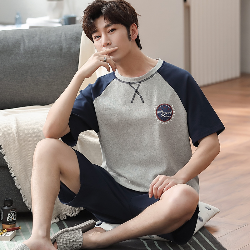 

Summer Men's Pajamas Set Cotton Thin Sleep Shirt & Shorts Suit Gray Stitching Sleepwear Homewear Pijamas Casual Two Piece Set
