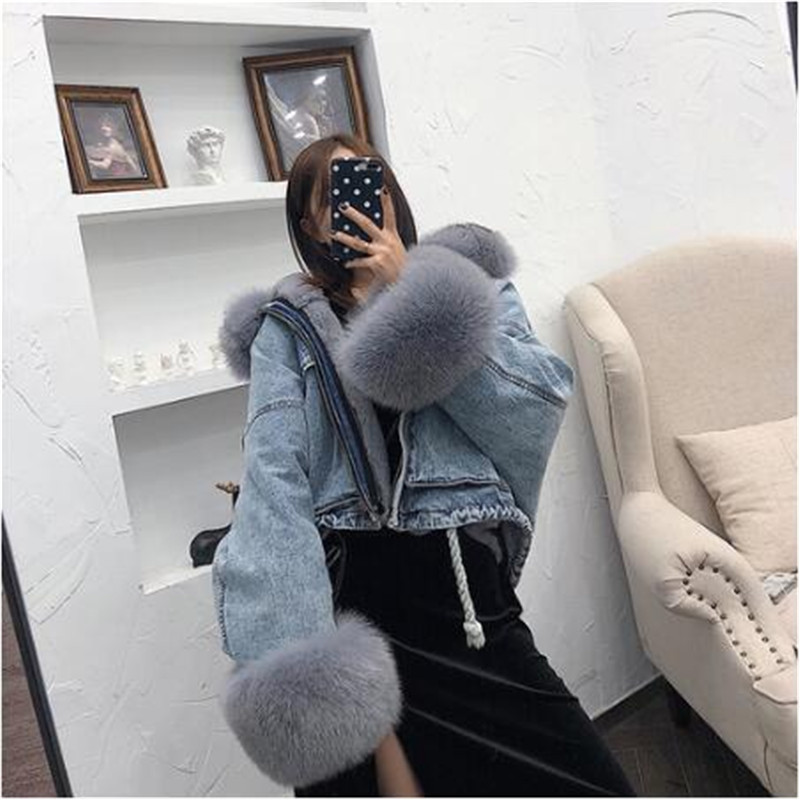 

2019 new Removable Winter Jacket Women Cuffs Fur Lining Warm Loose Outerwear Real Fur Collar Denim Parka Streetwear, Blue white