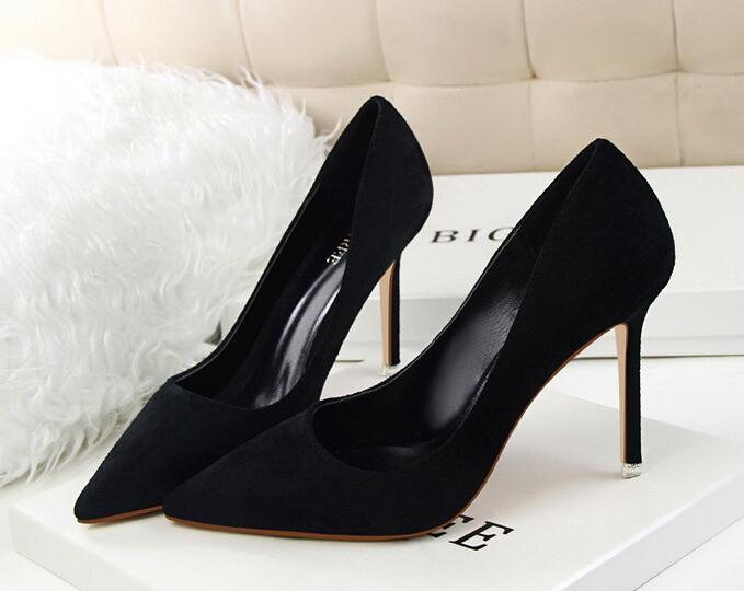 

Hot Sale-Women Pumps Classice High Heels Shoes Fashion Suede Flock Purple Sexy Slim Pointed OL Office Singles Heeled wedding prom Shoes 271, Black