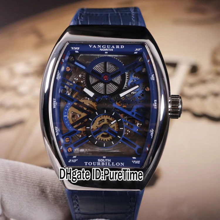 

New Men's Collection Vanguard V45 Steel Case Blue Inner Skeleton Dial Tourbillon Automatic Mens Watch Blue Leather White Line Puretime 161b2, 161a
