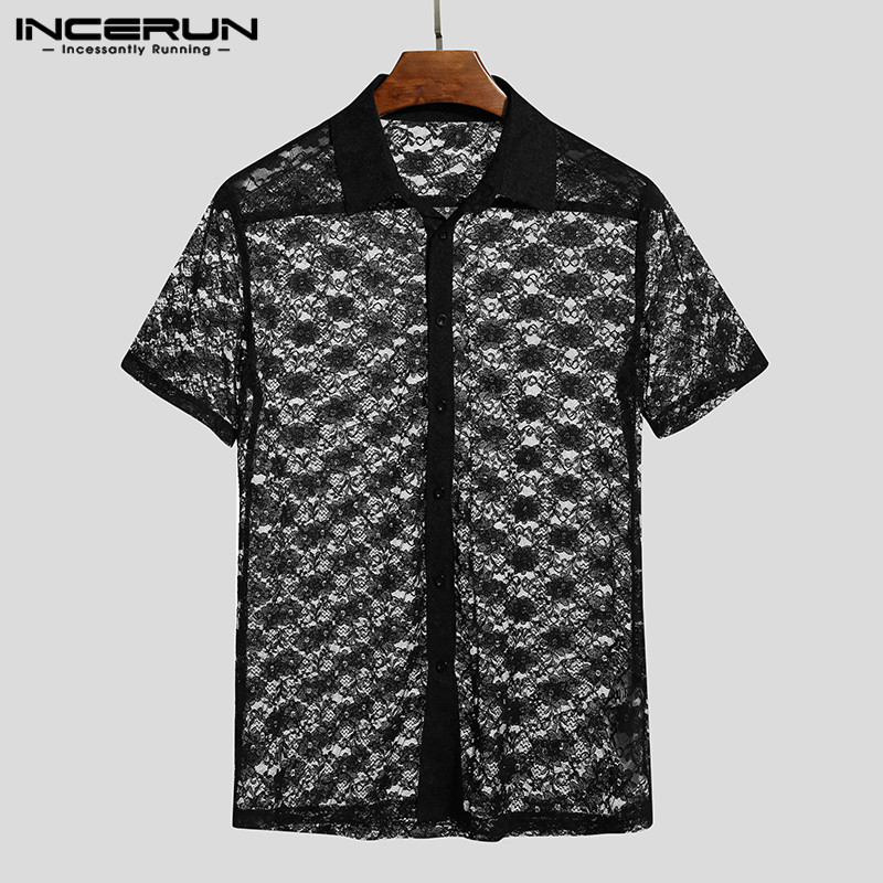 INCERUN Summer Men Lace Shirt Solid Color Transparent Short Sleeve Lapel Party Nightclub Shirts Men Casual Slim Mesh Camisa 2020