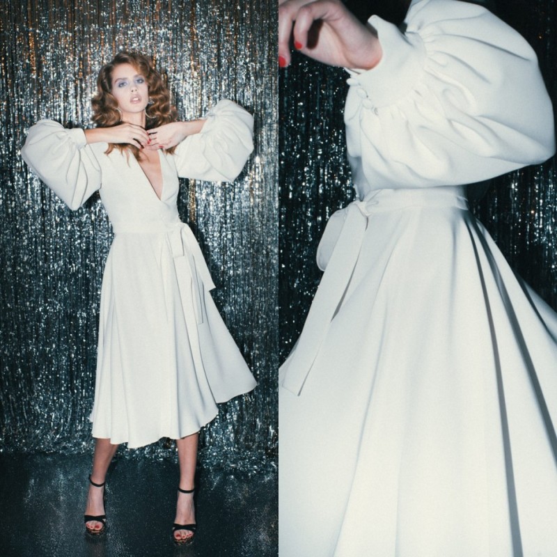 

2020 White Evening Dresses V Neck Poet Long Sleeve Chiffon Prom Dress Tea Length Special Occasion Dresses, Dark green