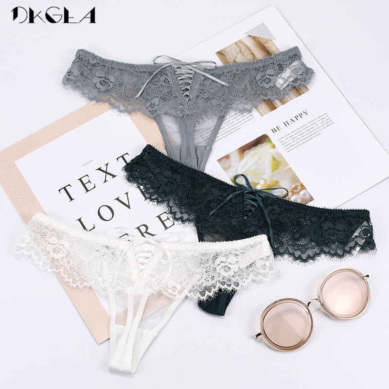 

New Fashion Sexy G-String Lady 3 Piece Panties Transparent Lace Thong Women Underwear Soft Low-rise Thongs Embroidery, 3 pcs white