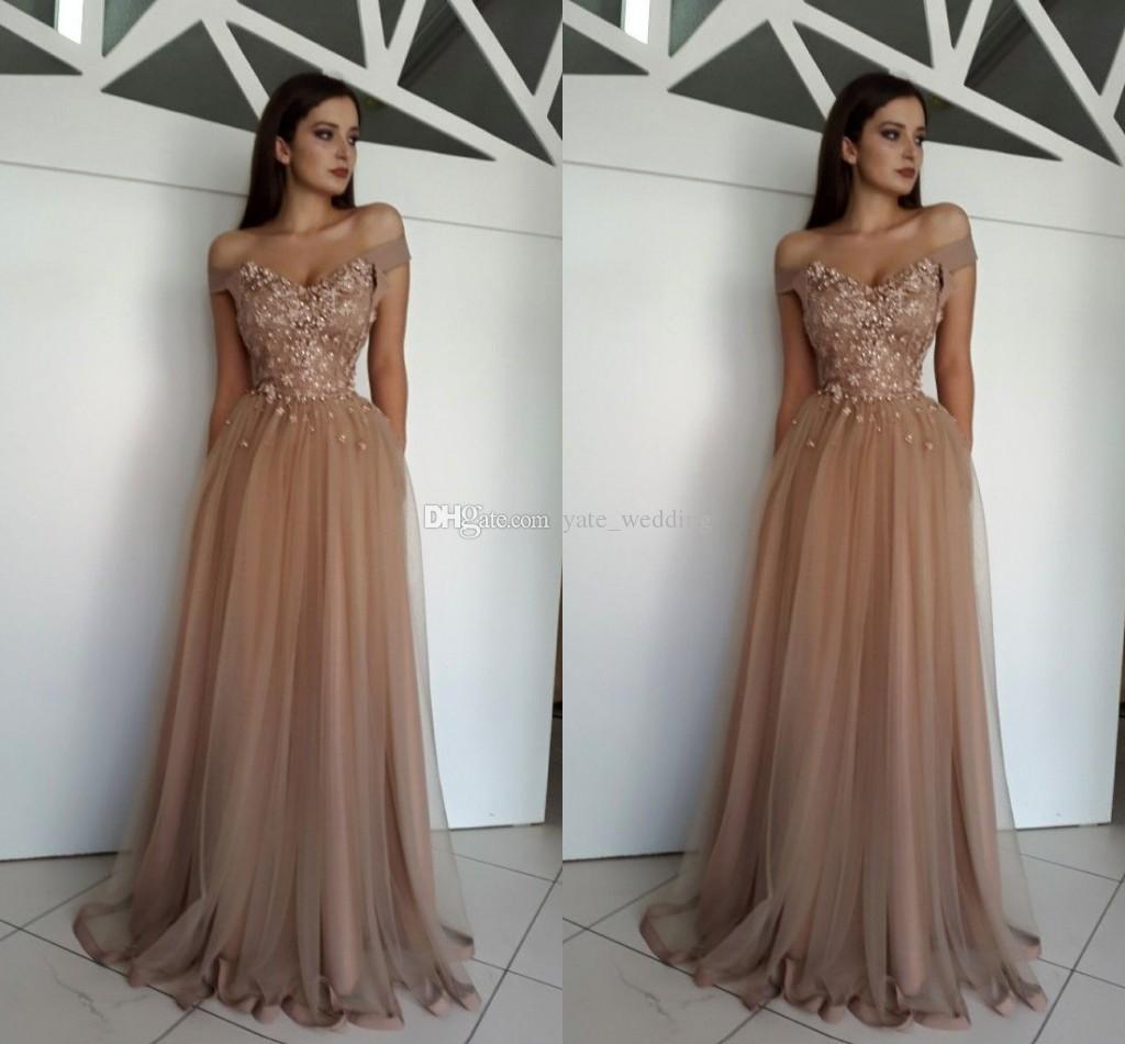 Élégant hors de l'épaule robes de soirée fleurs perle tulle longueur de plancher brun robes de bal formelles plus robe de fête