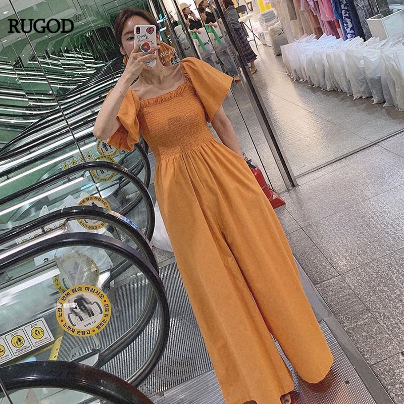 

RUGOD Women Fashion Playsuits Elegant Puff Sleeve Elastic Waist Wide Leg Pants Bodysuits Solid Slim Office Lady Jumpsuits Summer, Black