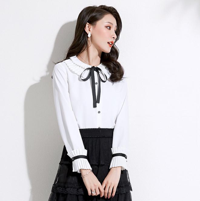 

Women's Blouses Shirts Baby collar shirt women 2020 spring new boutique women's dress sweet lady solid color aging Long Sleeve Chiffon shirt, White