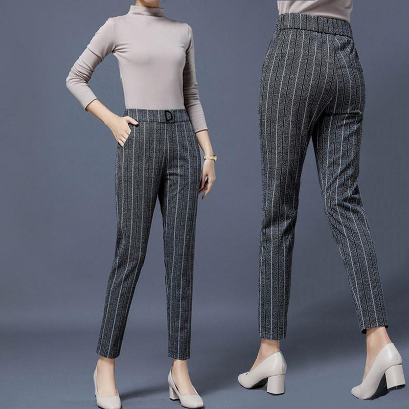 

2020 New Summer Fashion Office Ladies Work Wear Elegant Pants Female Suit Pants Women High Waist Harem Striped Trousers L44, Shu tiao wen