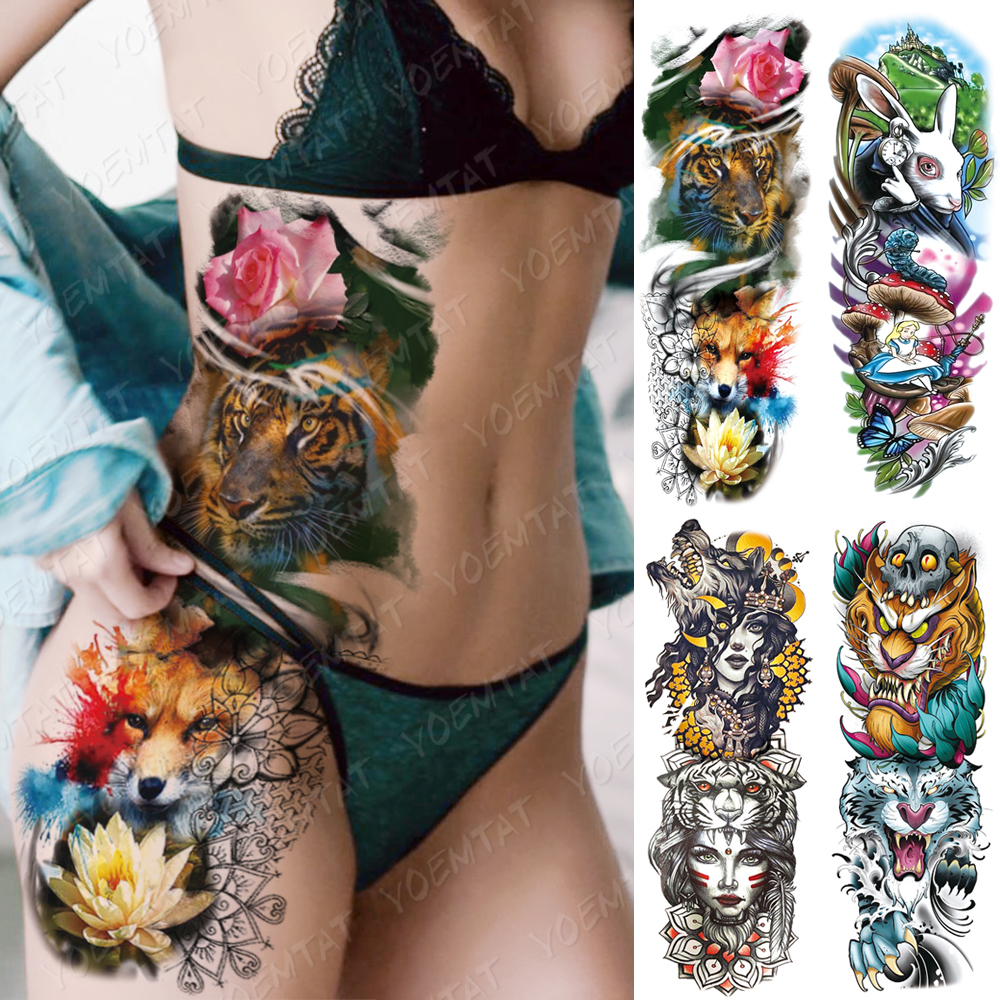 

Large Arm Sleeve Tattoo Tiger Fox Lotus Waterproof Temporary Tatto Sticker Alice in Wonderland Body Art Full Fake Tatoo Women