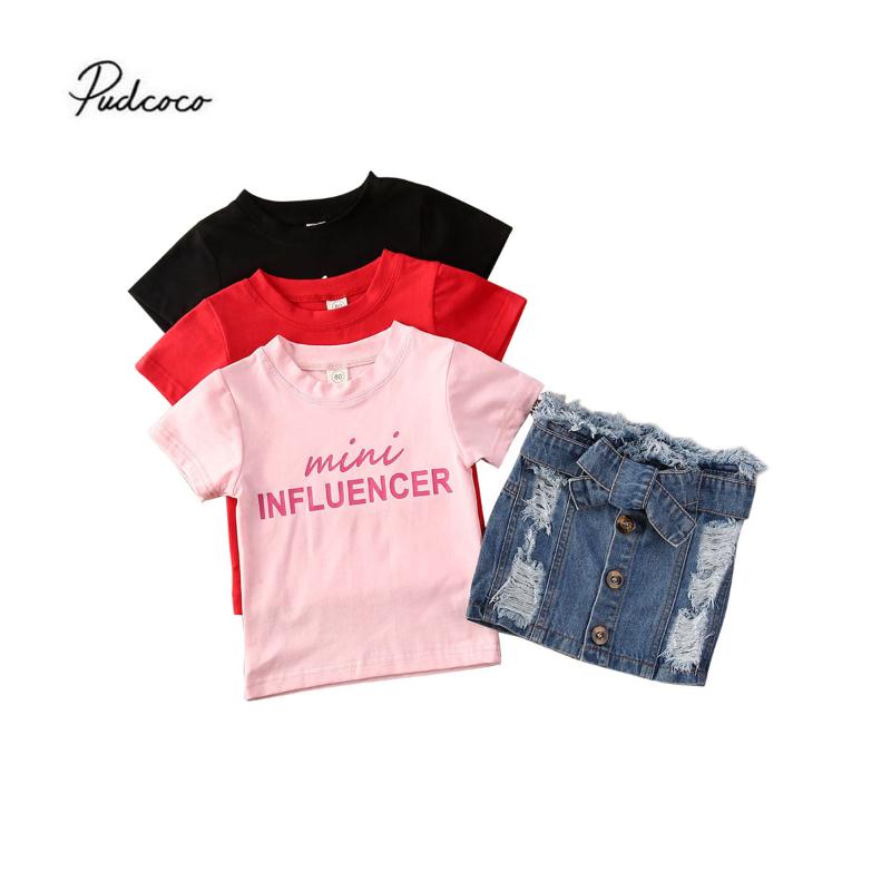 

2Pcs Kids Baby Girl Outfit Set Letter Print Short Sleeve T-Shirt +Ripped Denim Button Skirt Set 1-6T, Black