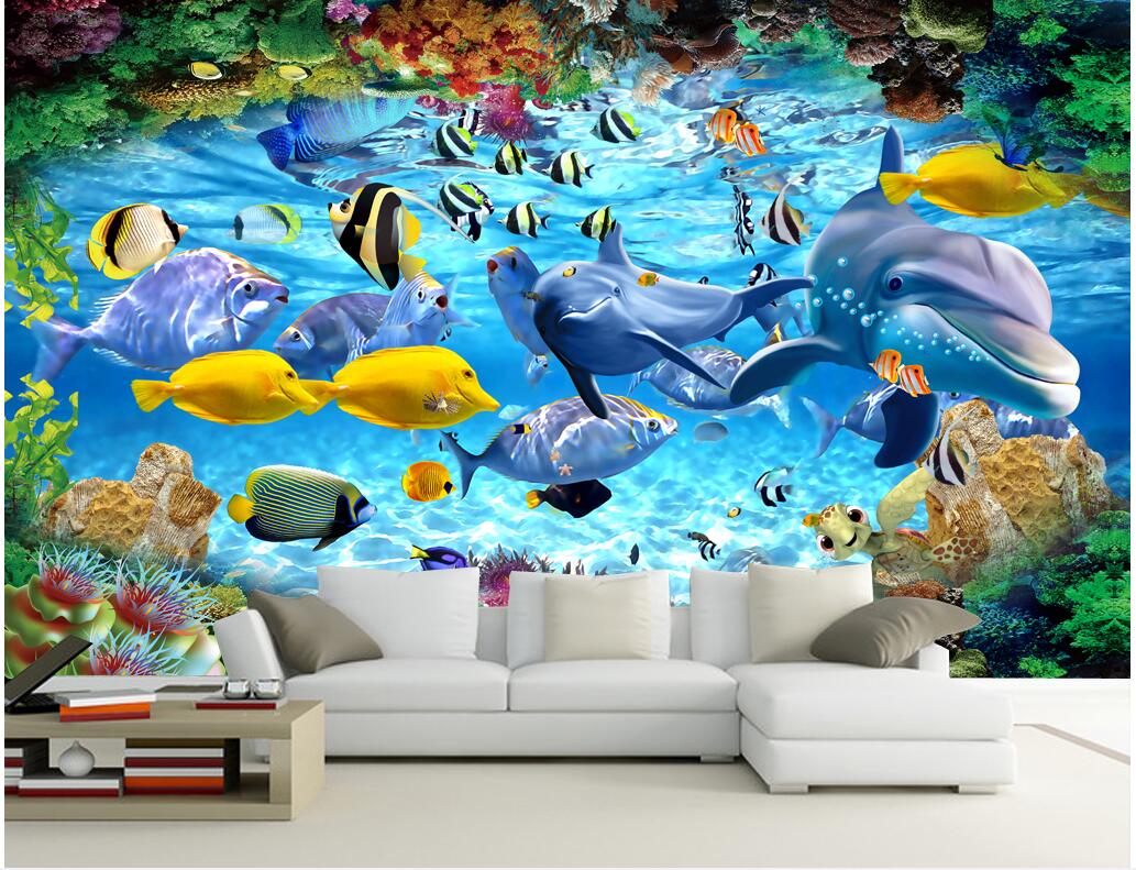 

WDBH custom photo 3d wall paper Fantasy underwater world dolphin fish living room home decor 3d wall murals wallpaper for walls 3 d, Non-woven wallpaper